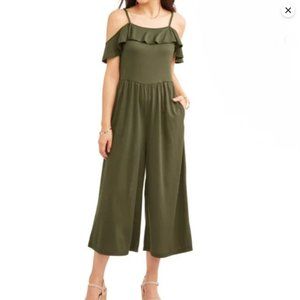 Time and Tru Olive Green Women's Wide Leg Knit Jumpsuit Small 4-6 Rayon Flutter